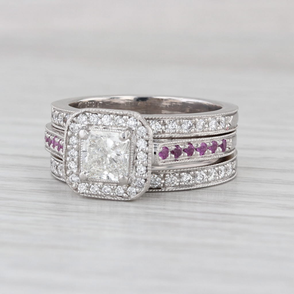 1.62ctw Radiant Diamond Halo Engagement 2 Wedding Band Bridal Set Platinum