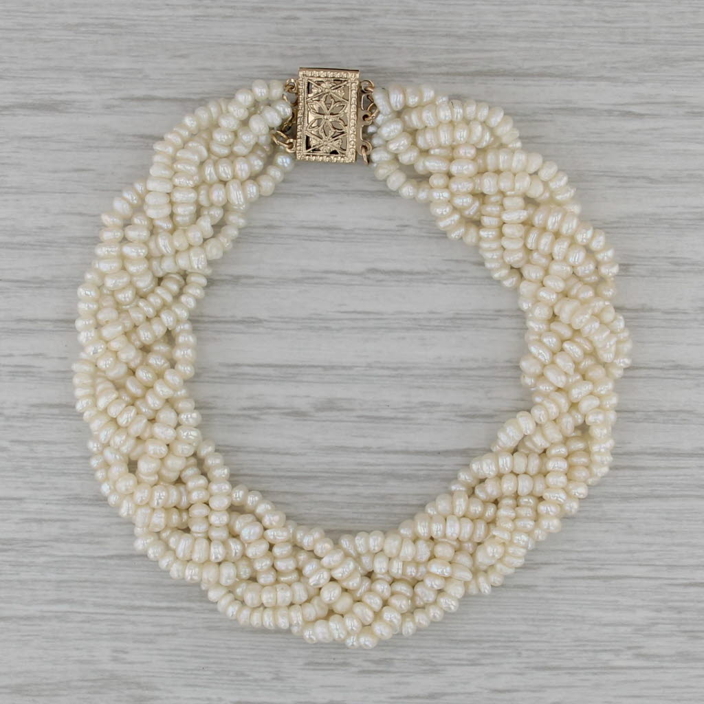 Woven Mesh Cultured Pearl Strand Bracelet 14k Yellow Gold 7.5" 14.8mm