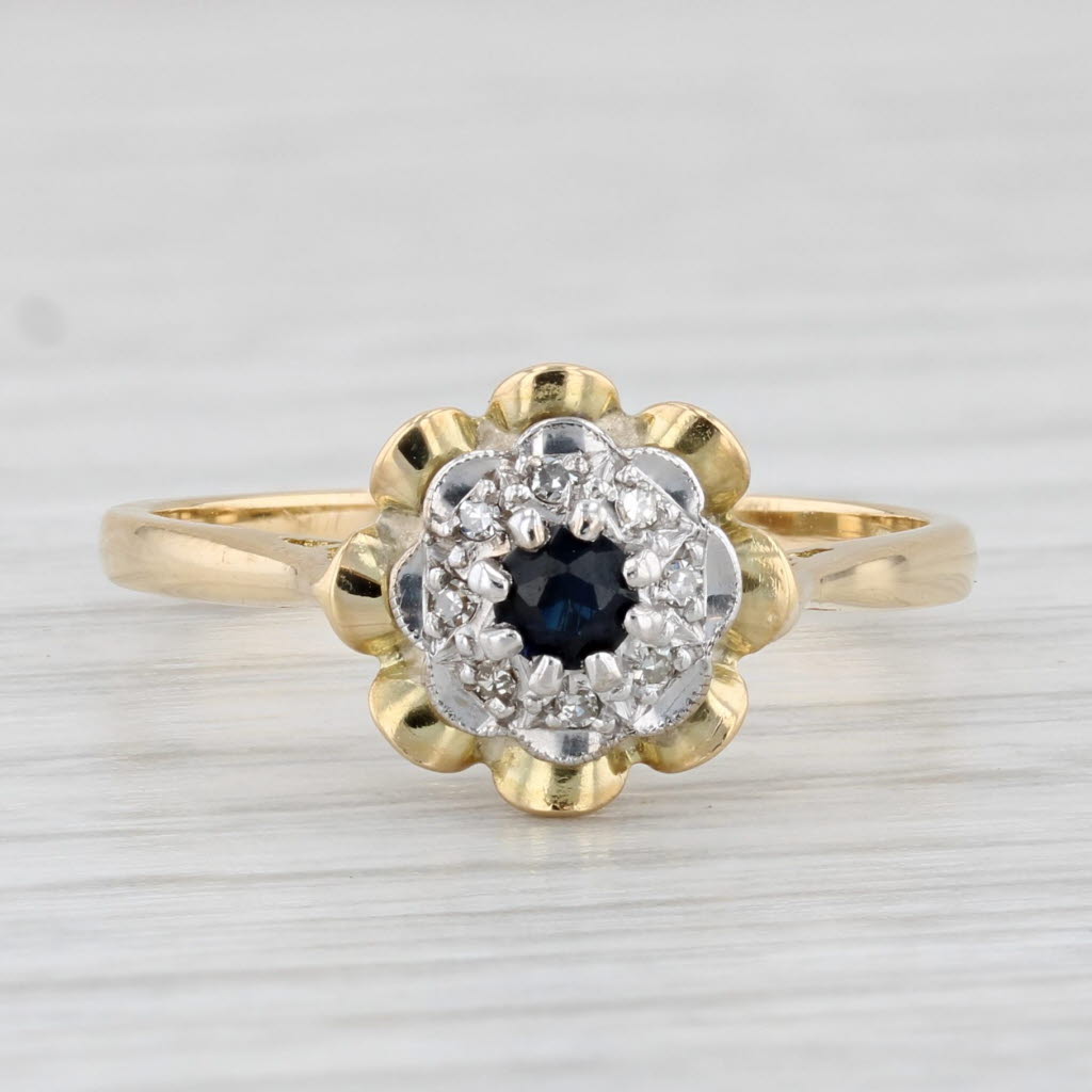 Light Gray 0.20ctw Blue Sapphire Diamond Halo Ring 18k Yellow Gold 7.25 Vintage Engagement