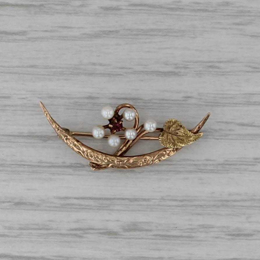 Antique Seed Pearl Glass Flower Crescent Pin 10k Yellow Gold Ornate Engraved
