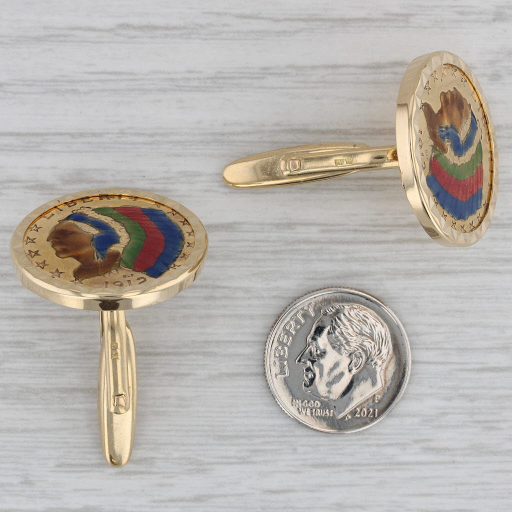 Gray Authentic Colorlized Indian Head Coin Cufflinks 18k 22k Gold 1912 1913 5 Dollars