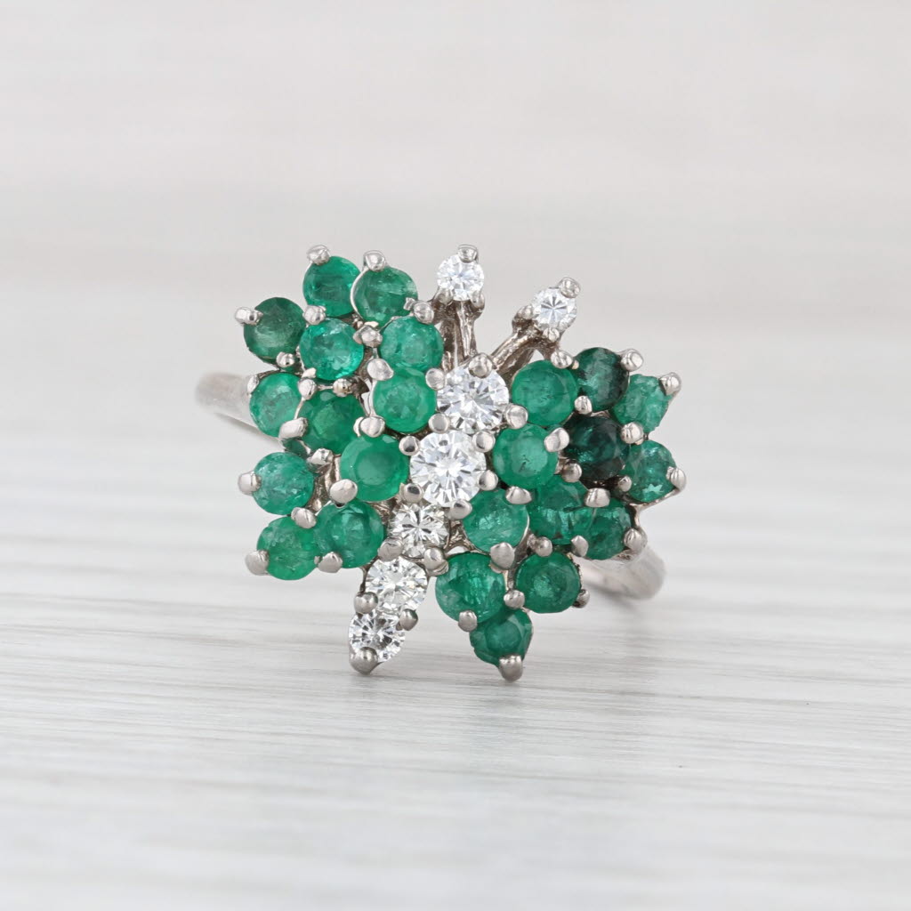 1,25ctw Emerald Diamond Cluster Butterfly Ring 14k White Gold Cocktail Size 7.75