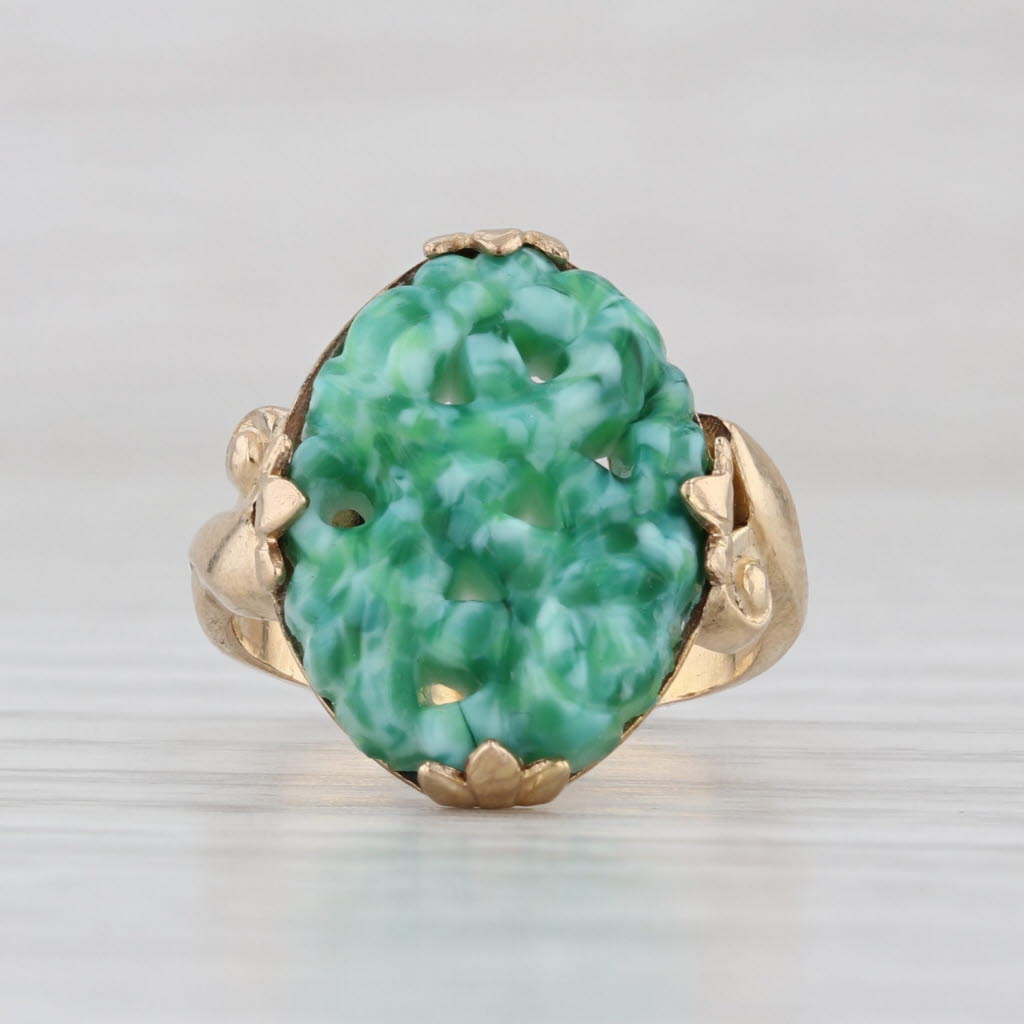 Vintage Pierced Marbled Green Glass Ring 10k Gold Filled