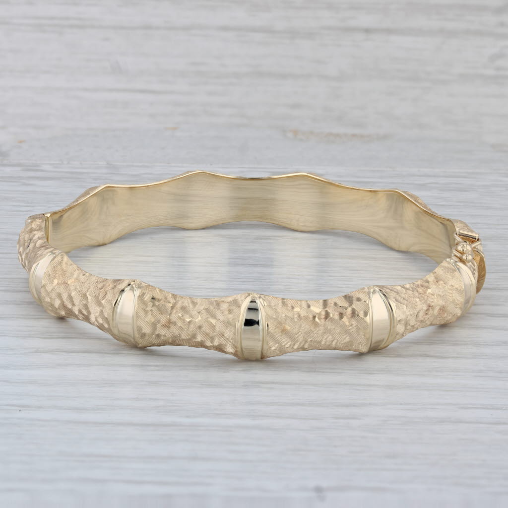 Gray Hammered Bamboo Bangle Bracelet 14k Yellow Gold 7.5" 10.1mm