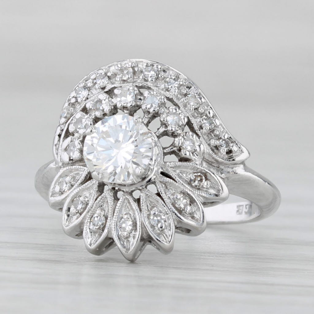 Light Gray Vintage 0.64ctw Round Diamond Flower Engagement Ring 14k White Gold Size 4