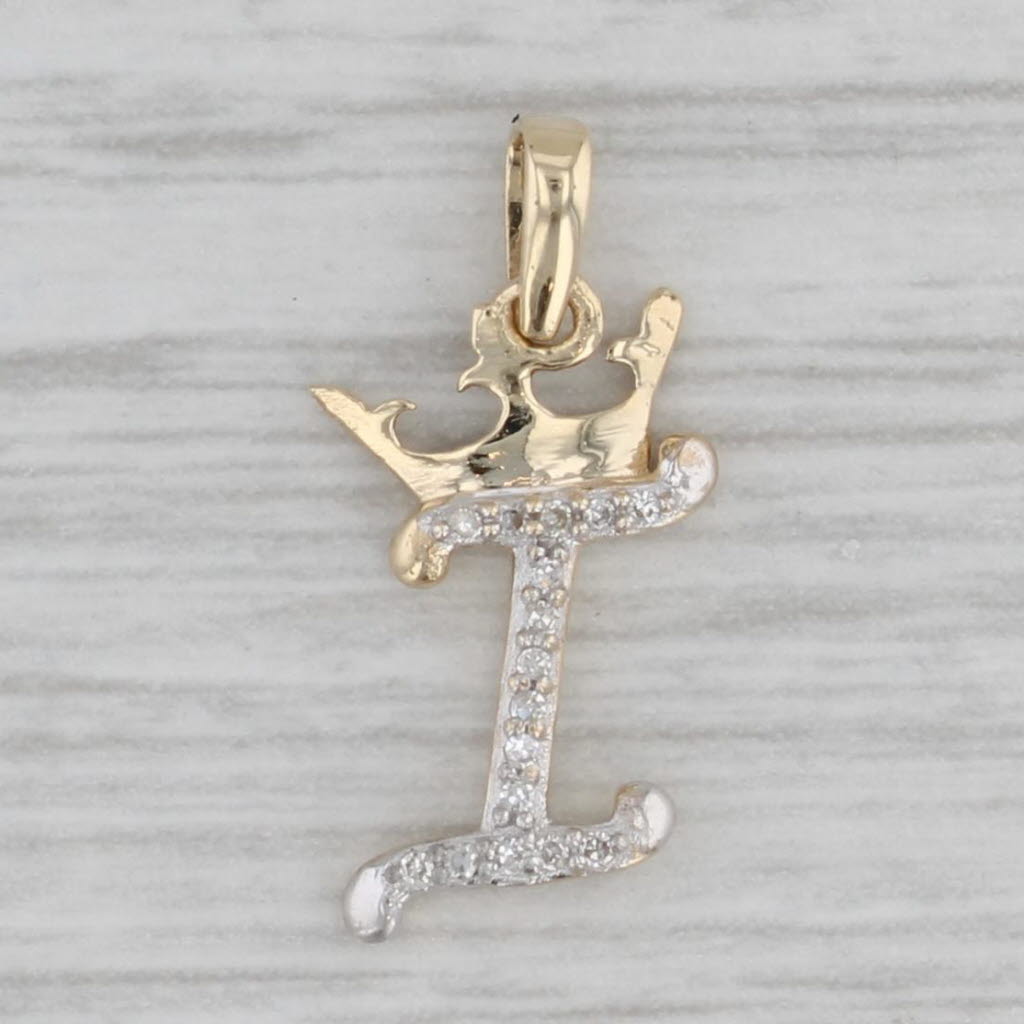 Gray Small Diamond Crowned Letter I Pendant 10k Gold Princess Initial Charm