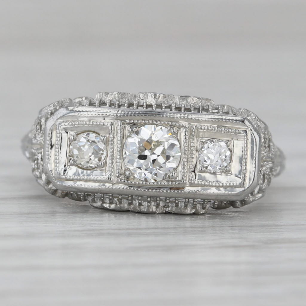 Gray Art Deco 0.41ctw Diamond 3-Stone Ring 18k White Gold Size 5.25 Old European