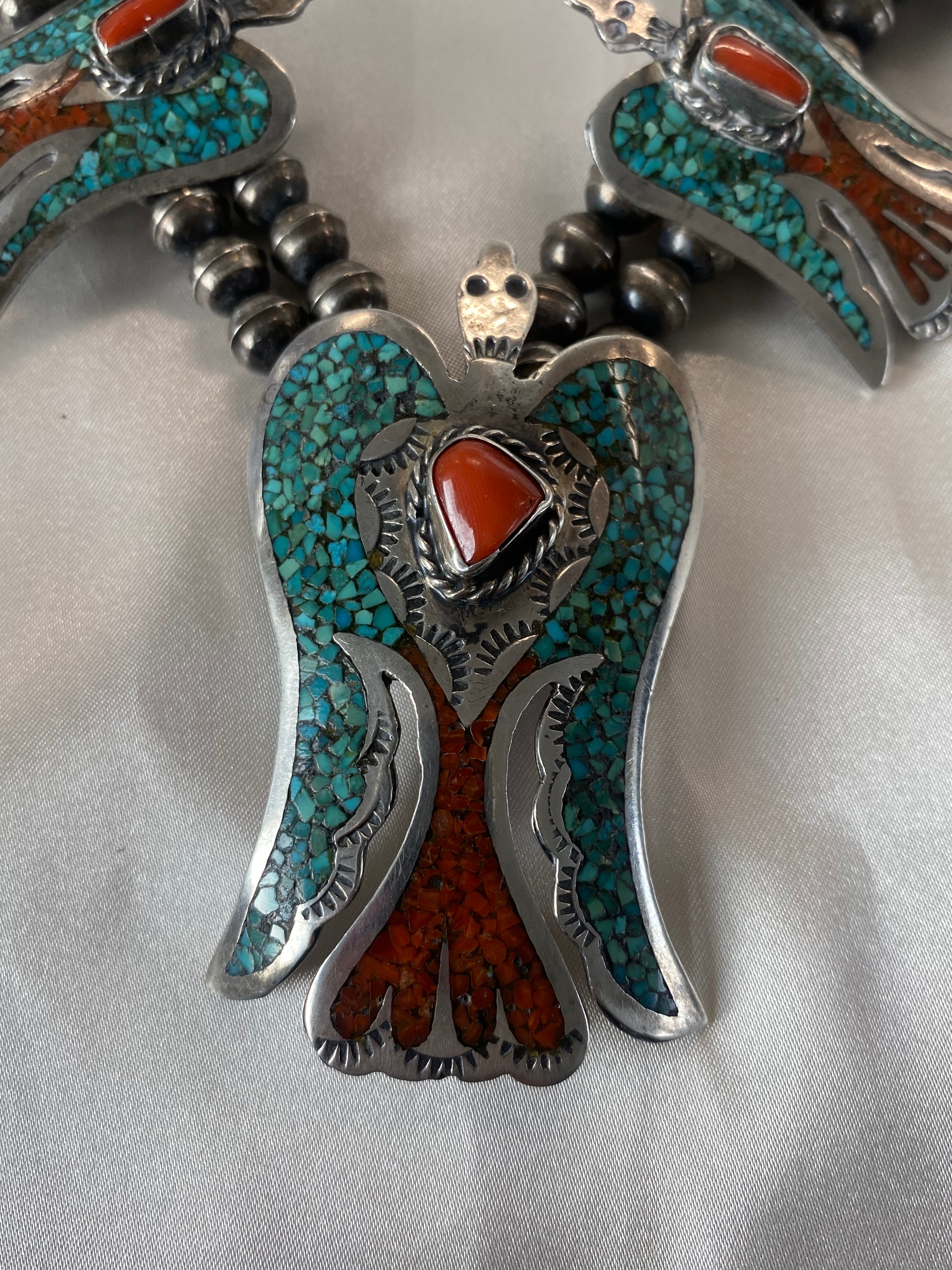 B Ben Native American Stone Mosaic Eagle Squash Blossom Necklace Sterling Silver