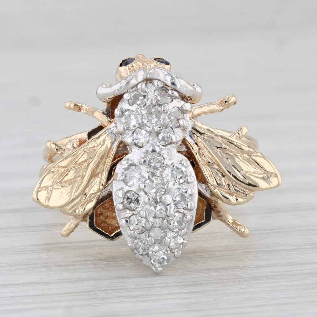 Light Gray 0.34ctw Diamond Sapphire Bee Ring 14k Yellow Gold Size 7.5 Cocktail