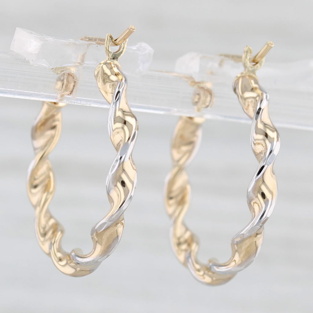 Light Gray New 2-Toned Twist Hoop Earrings 14k Yellow White Gold Snap Top Round Hoops
