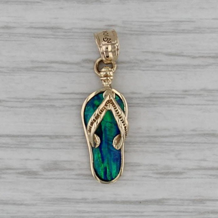 Blue Green Lab Created Opal Flip Flop Pendant 10k Yellow Gold Charm