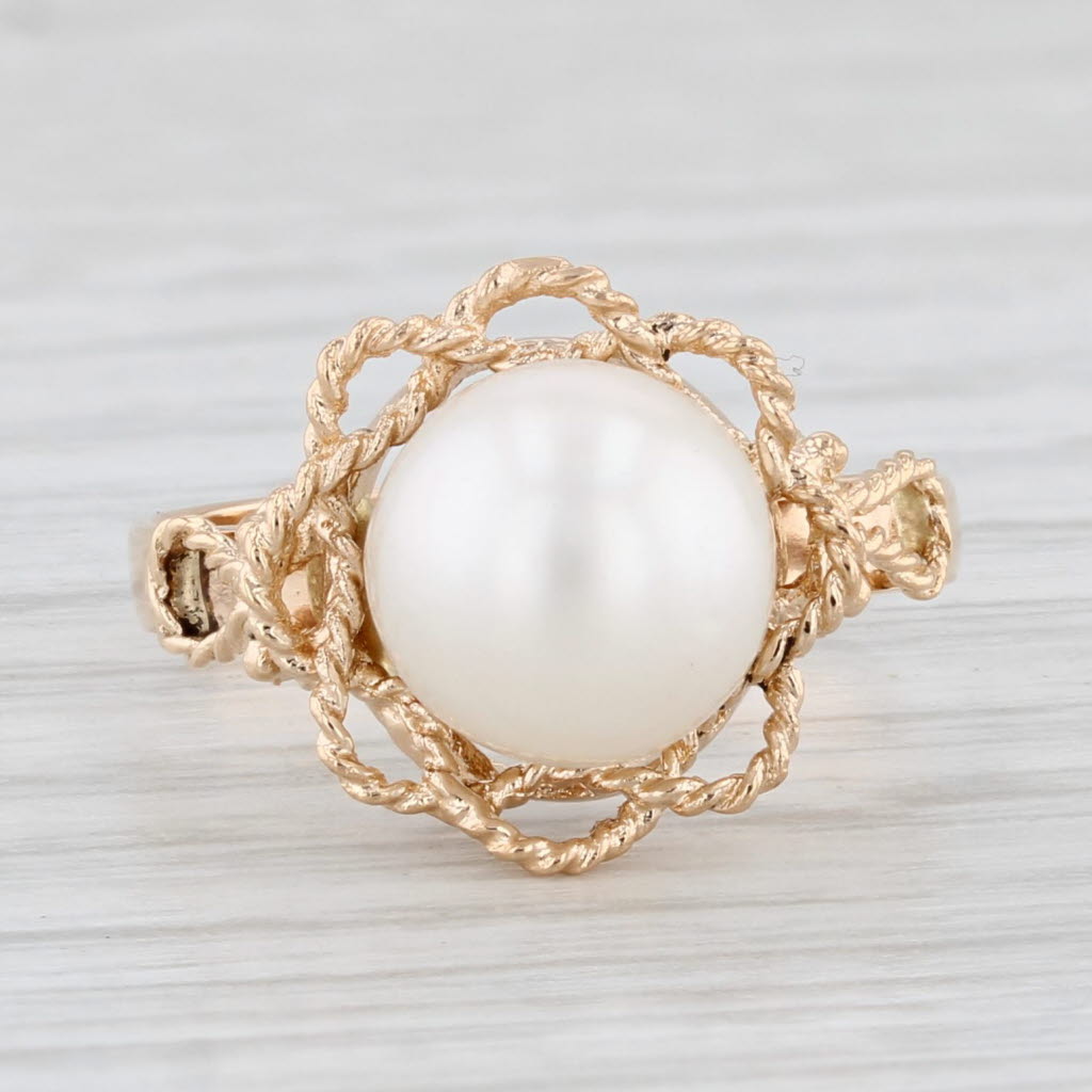Light Gray Cultured Pearl Solitaire Ring 18k Yellow Gold Size 5.5 Vintage