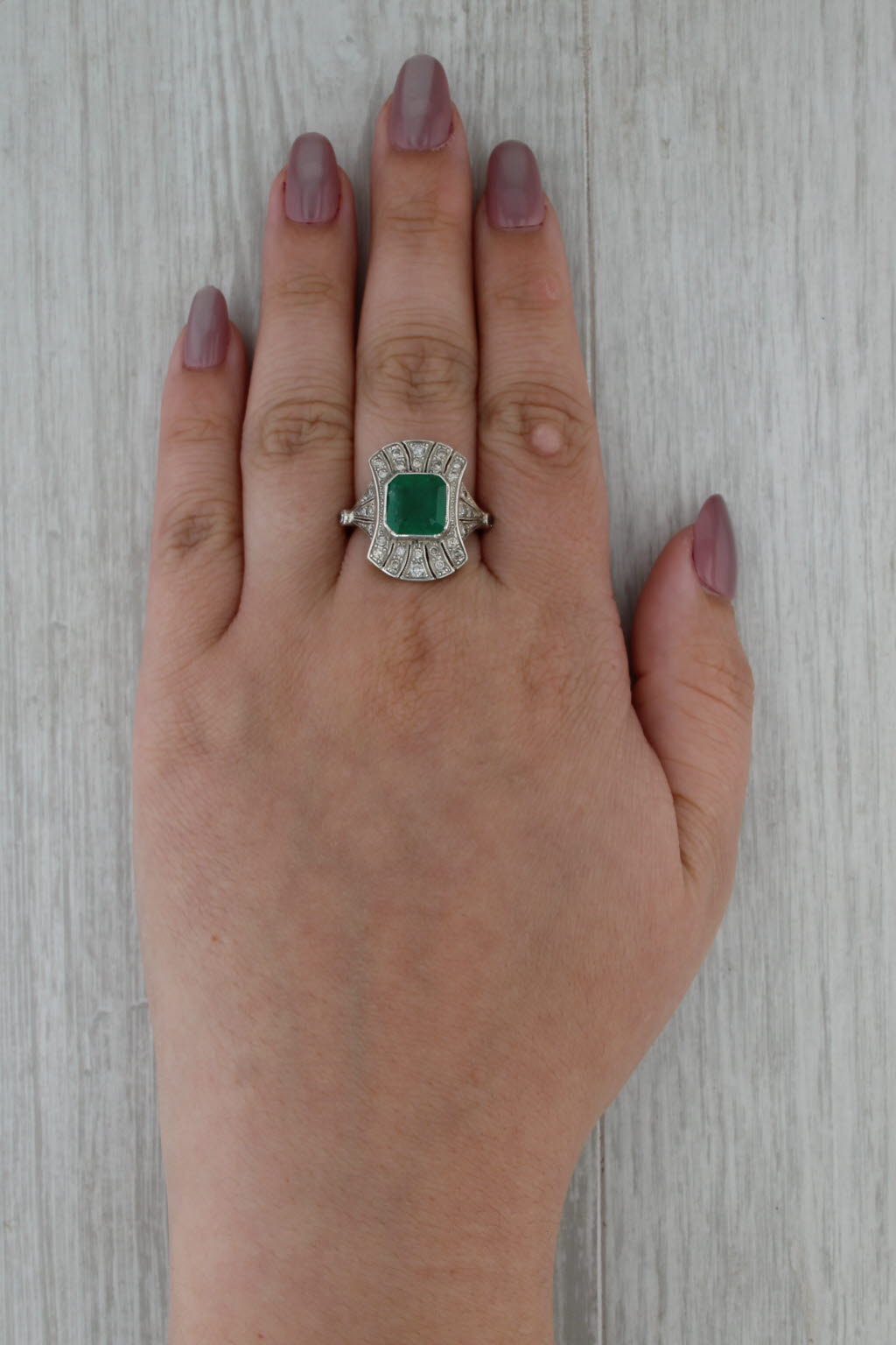 Vintage 3.53ctw Emerald Diamond Ring 14k Gold Silver Cocktail Size 9
