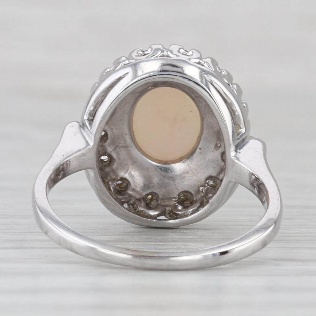 Oval Cabochon Opal Diamond Halo Ring 14k White Gold Size 6