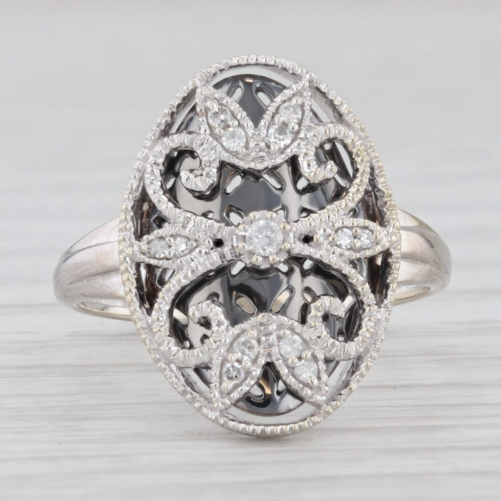 Light Gray Diamond Flower Ring 14k White Gold Ornate Openwork Size 7.25
