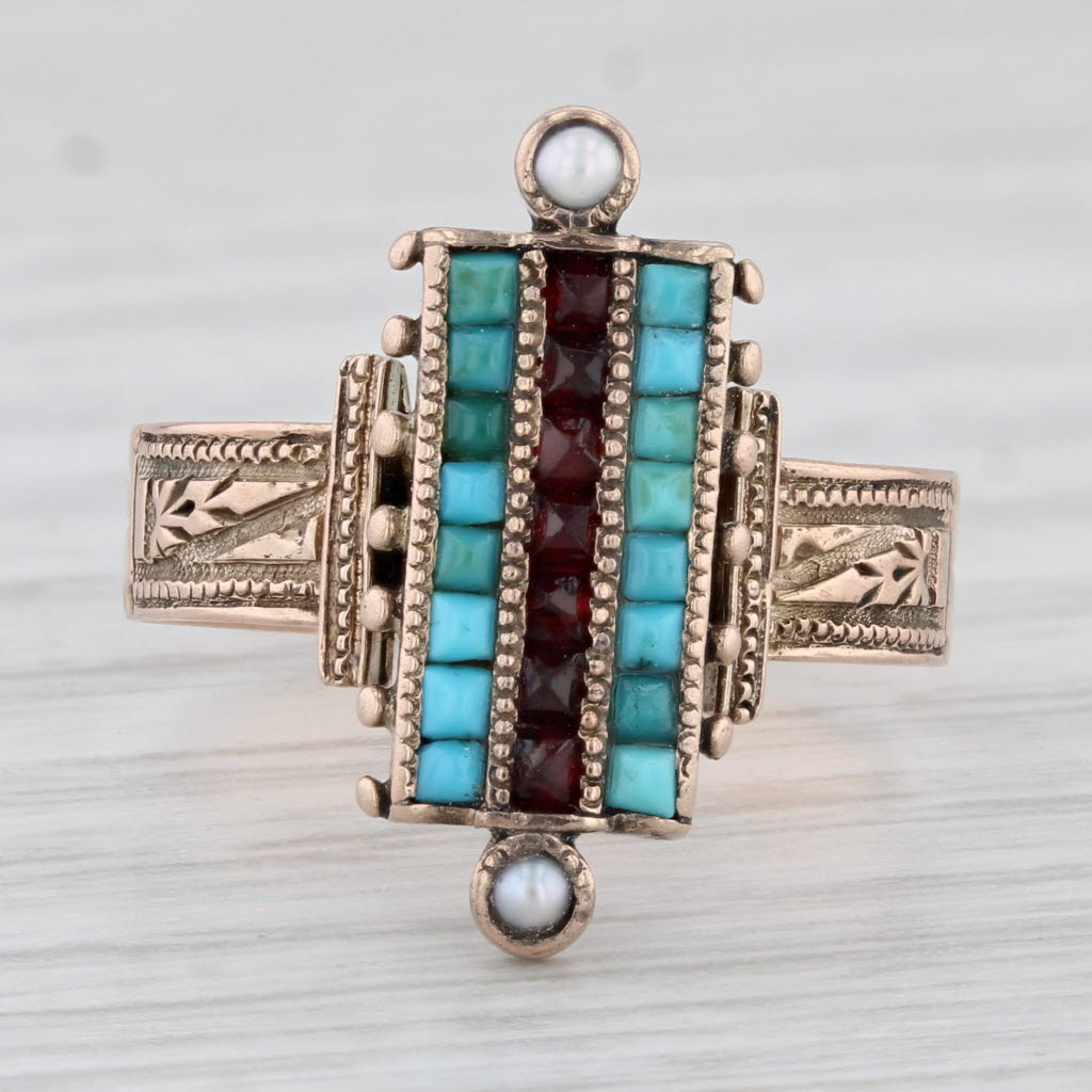 Light Gray Victorian Turquoise Garnet Pearl Ring 9k Yellow Gold Size 6.25 Antique