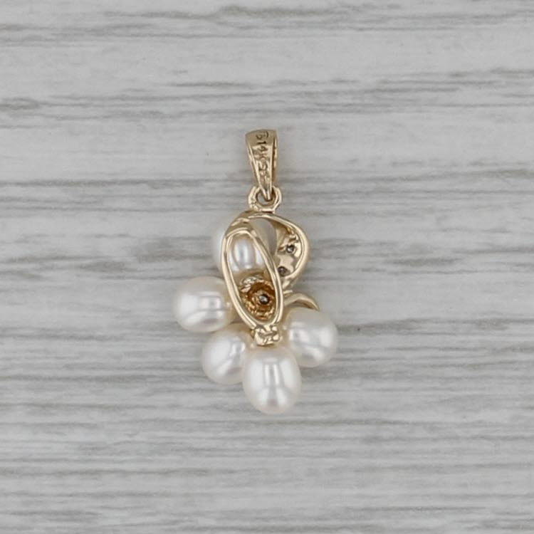 Cultured Pearl Diamond Cluster Pendant 14k Yellow Gold Drop