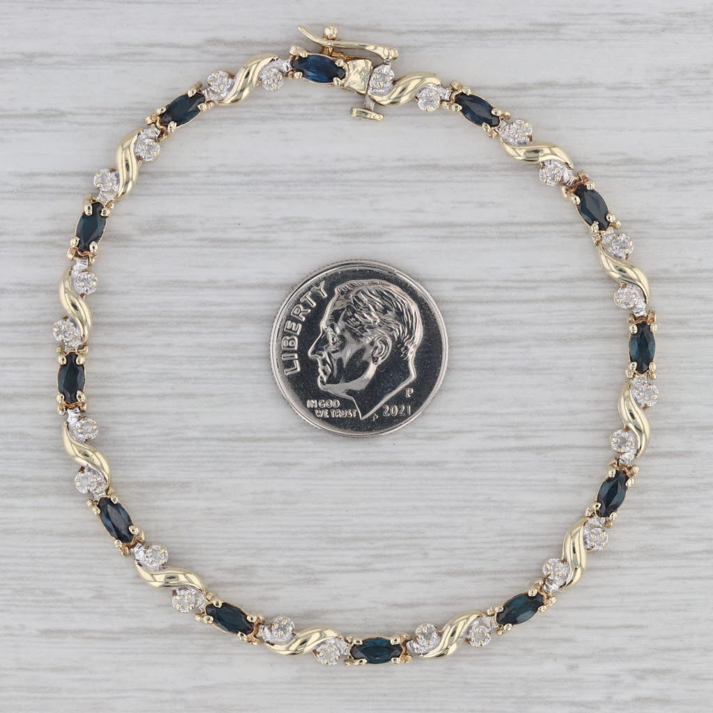 Gray Blue Sapphire Diamond Tennis Bracelet 10k Yellow Gold 7"