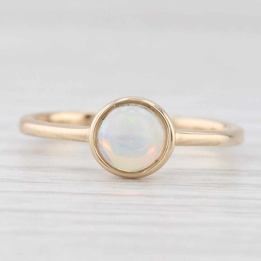 Light Gray Parle Round Opal Cabochon Solitaire Ring 14k Yellow Gold Size 7