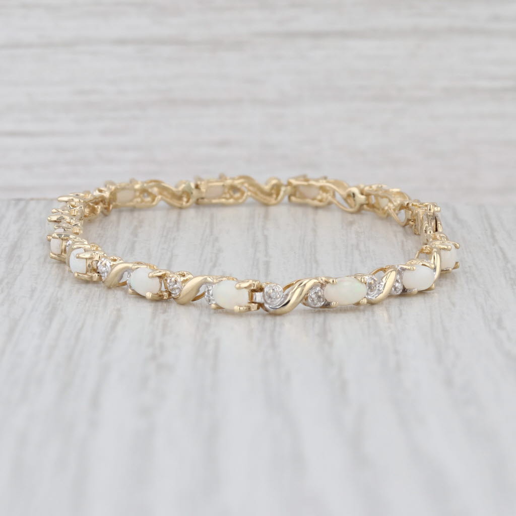 Opal Diamond Tennis Bracelet 10k Yellow Gold 7" 3.7mm
