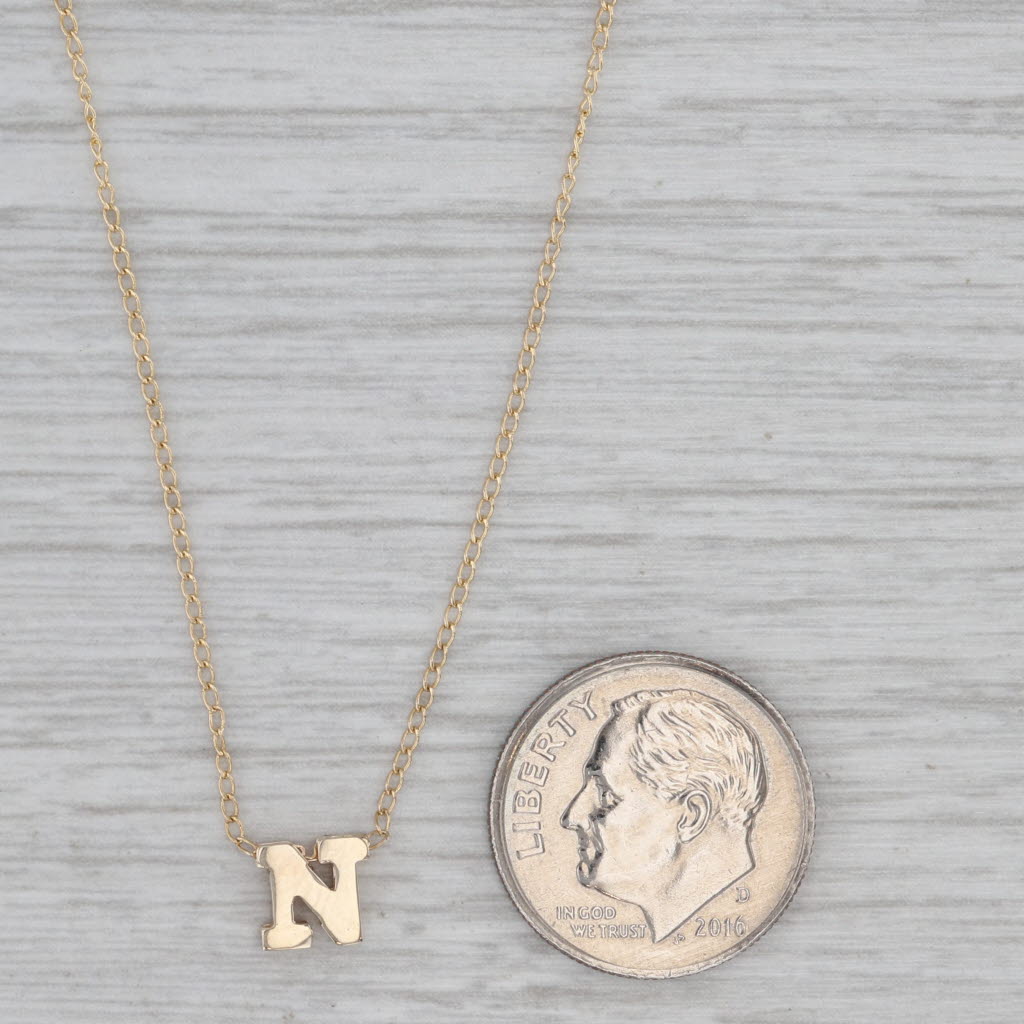 Gray Letter Initial "N" Pendant Necklace 14k Yellow Gold 15.5" Curb Chain