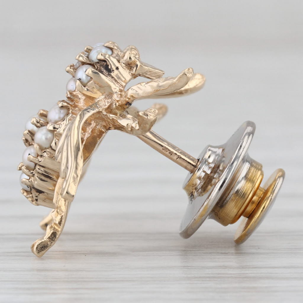 Vintage Seed Pearl Diamond Bee Pin 10k Yellow Gold Tie Tac Lapel