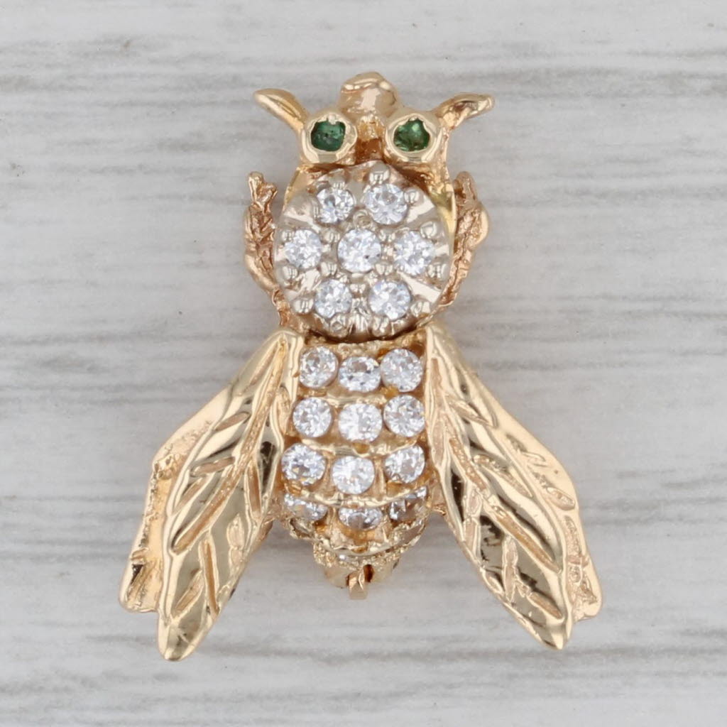 Gray 0.26ctw Cubic Zirconia Emerald Bumble Bee Pin 14k Yellow Gold Brooch