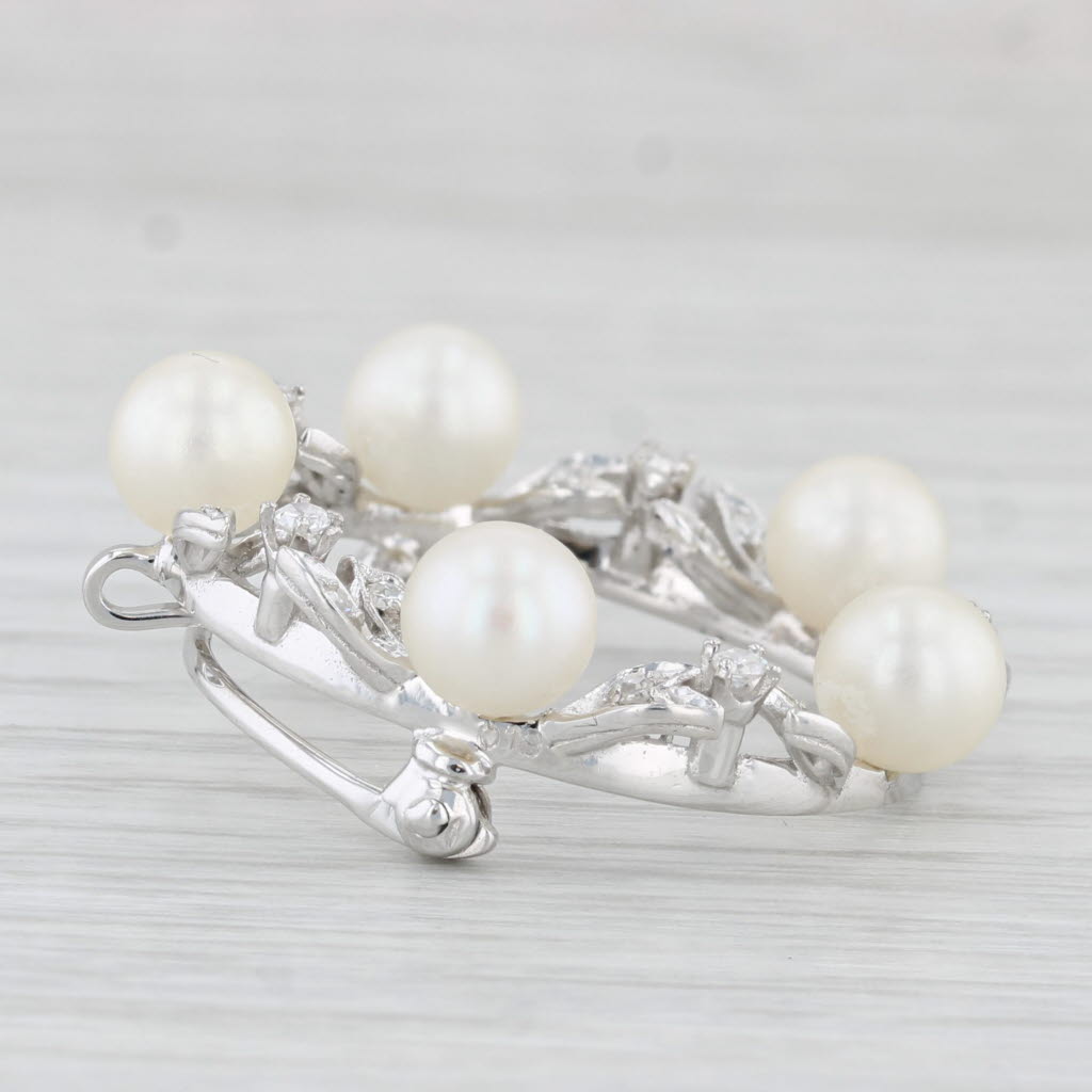 Light Gray Vintage Cultured Pearl 0.35ctw Diamond Wreath Brooch Pendant 14k White Gold Pin