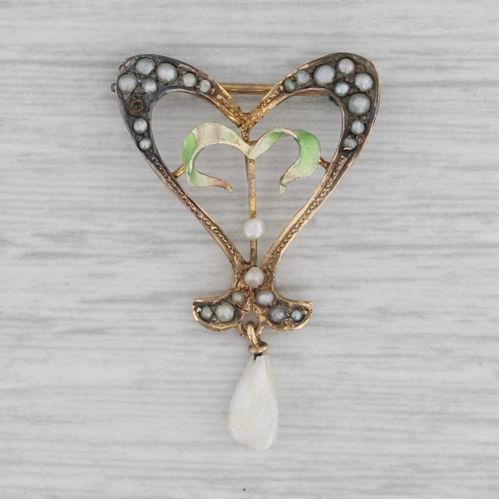 Gray Vintage Pearl Floral Heart Pin 10k Yellow Gold Brooch AS IS