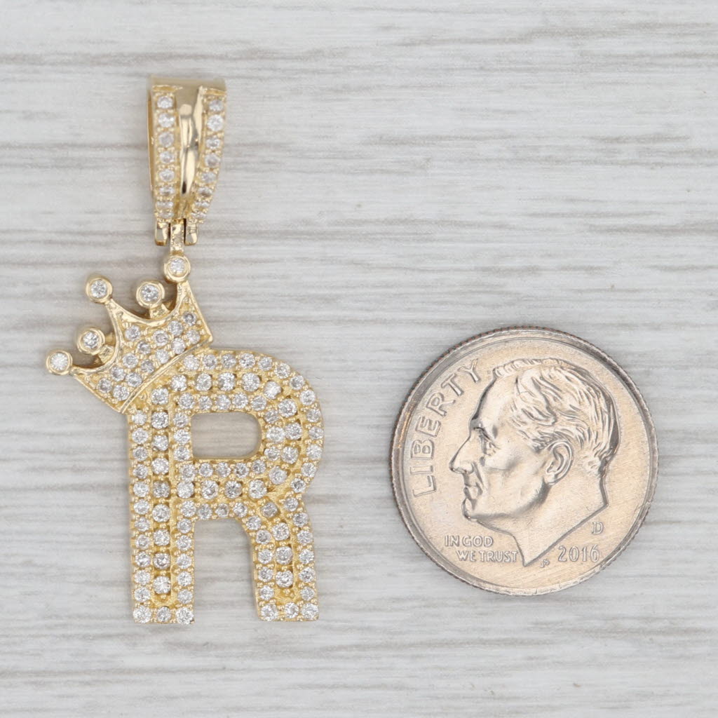 Light Gray 0.70ctw Diamond Crowned Initial Letter R Pendant 14k Yellow Gold Queen King