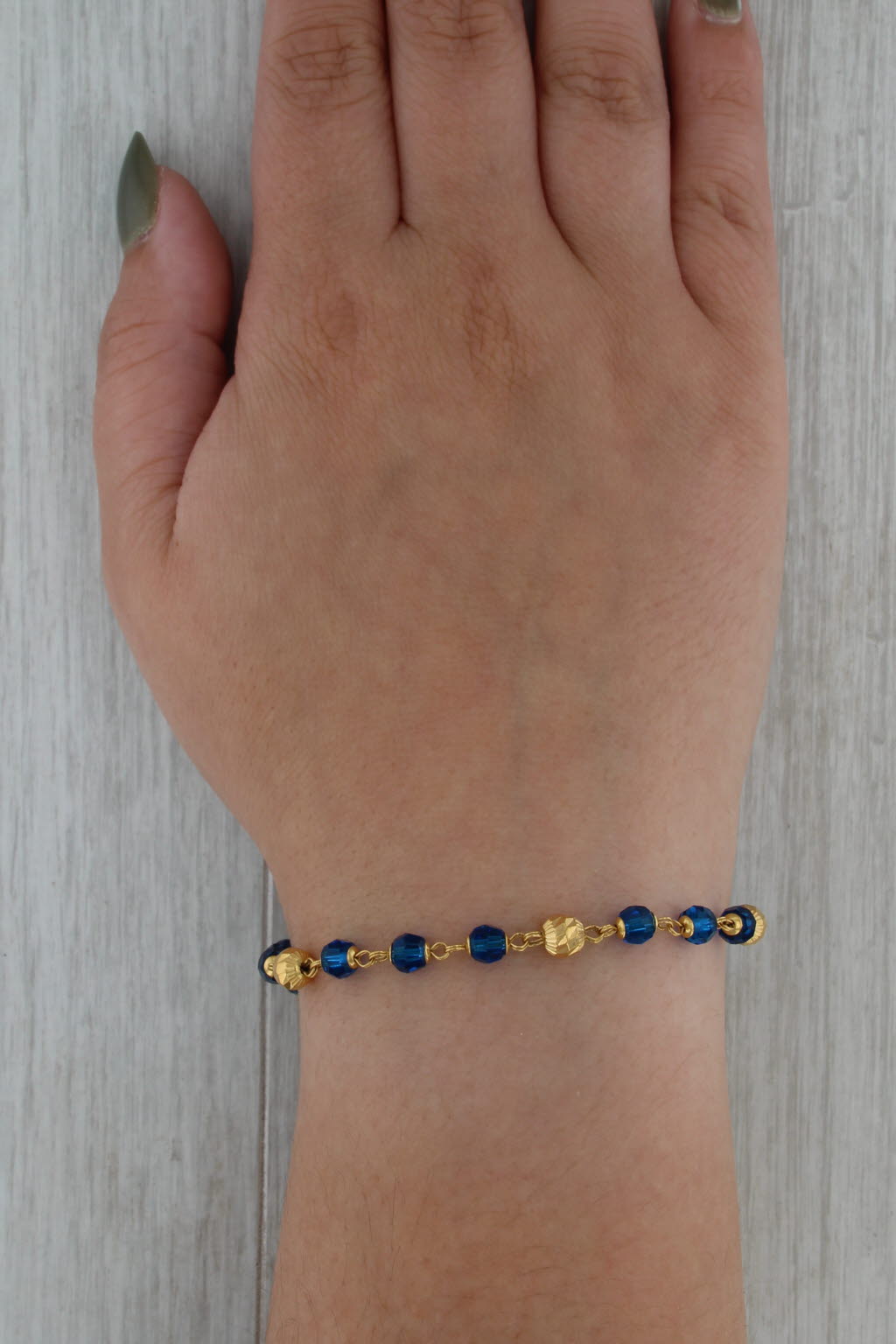 Blue Glass Bead Bracelet w/ Ball Charm 916 Yellow Gold 7.25" Hook Clasp