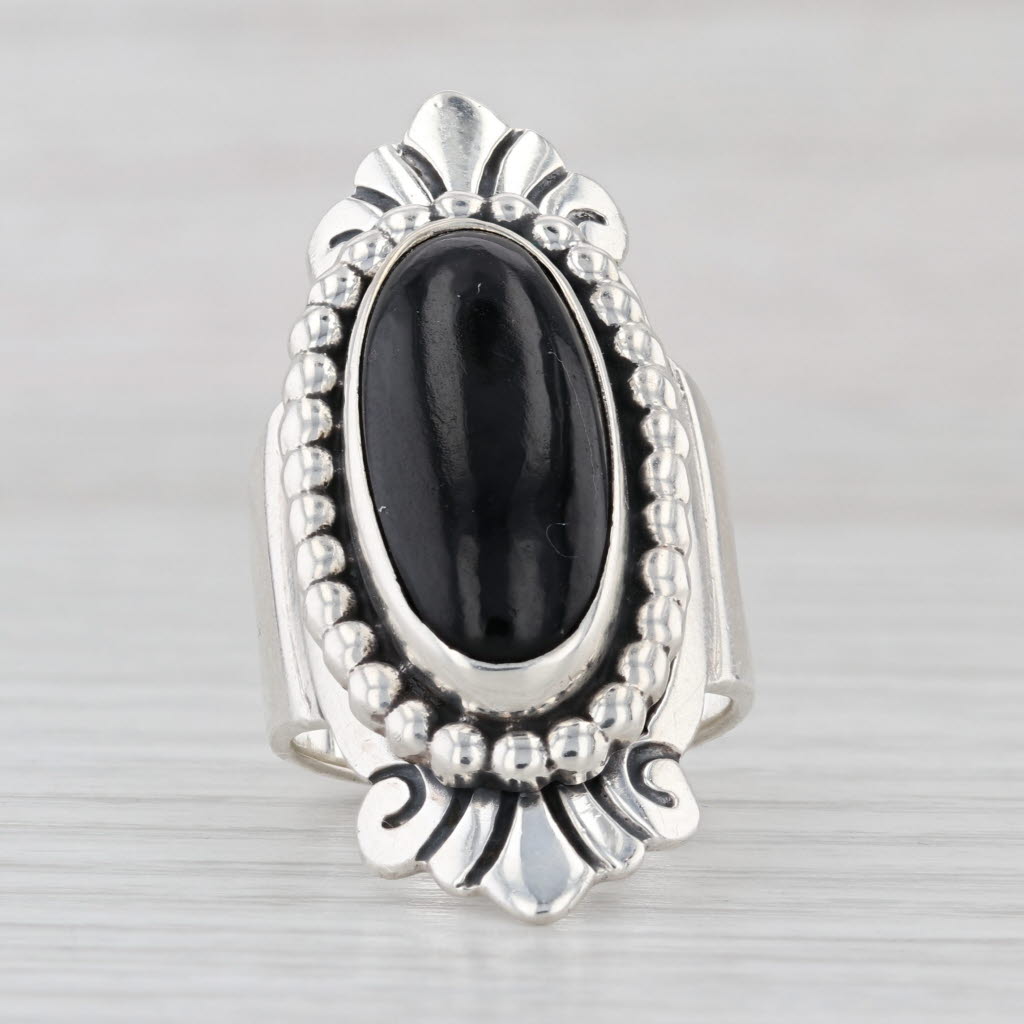 Obsidian Black Oval Cabochon Sterling Silver Ring Size 6.5 Statement