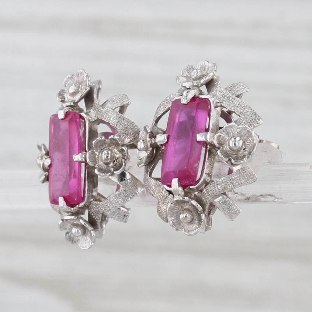 Vintage Lab Created Ruby Flower Accented Stud Earrings 10k White Gold