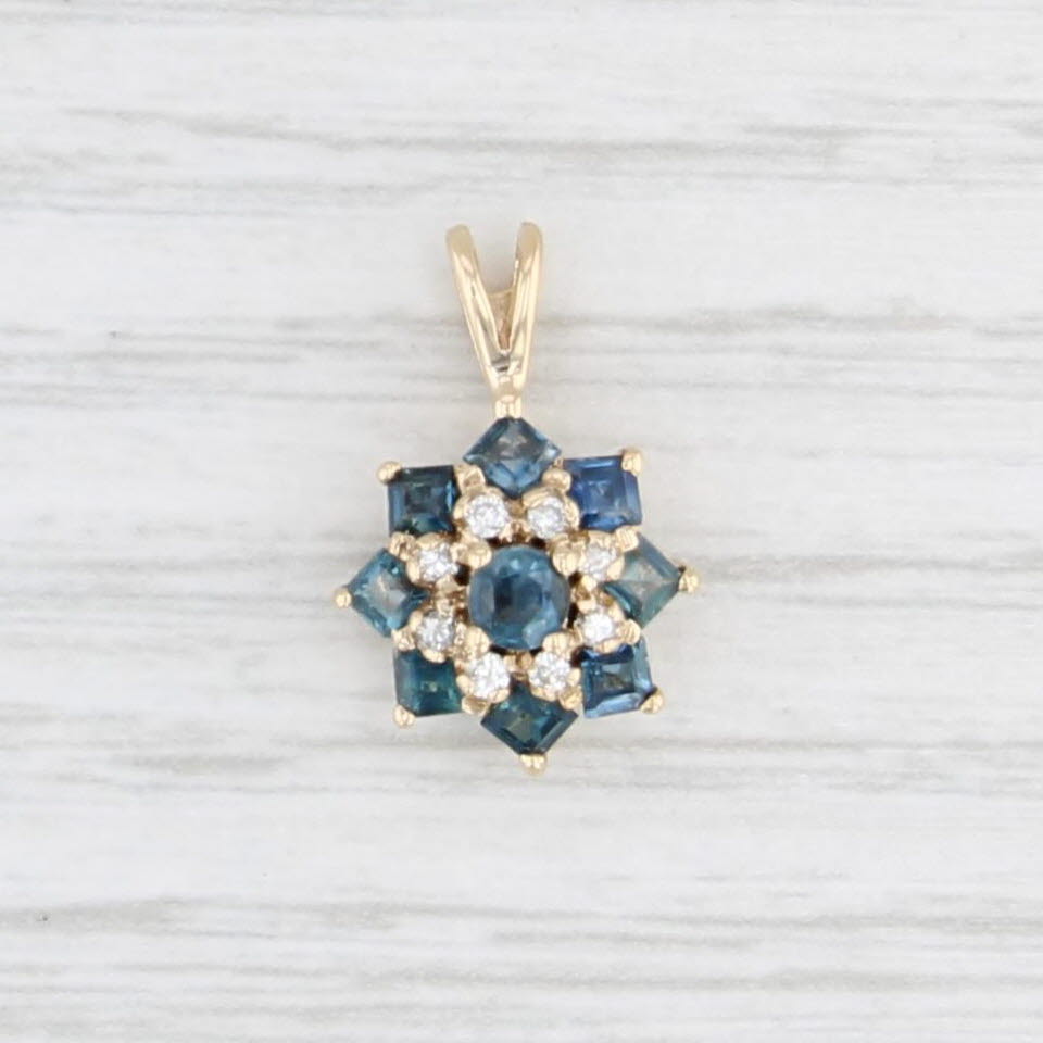 0.93ctw Blue Sapphire Diamond Flower Pendant 14k Yellow Gold