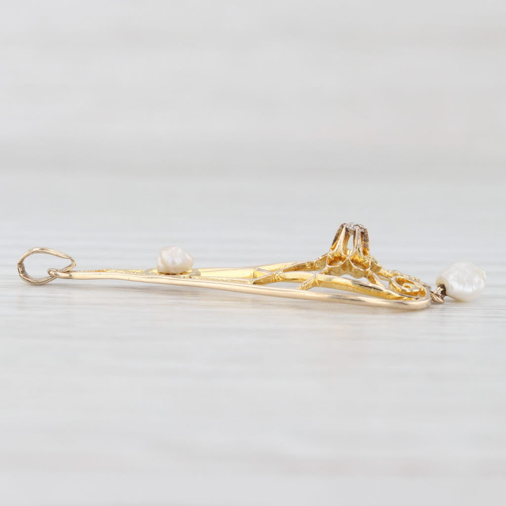 Light Gray Art Deco Baroque Pearl Diamond Lavalier Pendant 10k Yellow Gold Ornate Teardrop