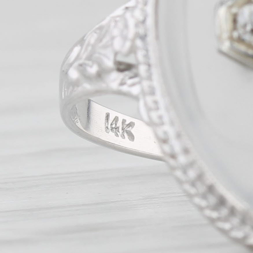 Light Gray Vintage Frosted Camphor Glass Ring 14k White Gold Size 5 Diamond Accent
