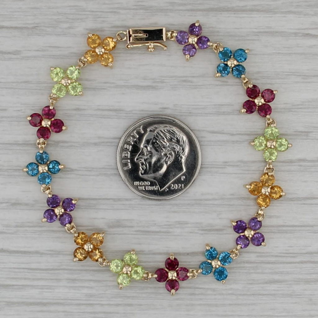 6.50ctw Gemstone Flower Bracelet 14k Gold Citrine Peridot Garnet Topaz Amethyst