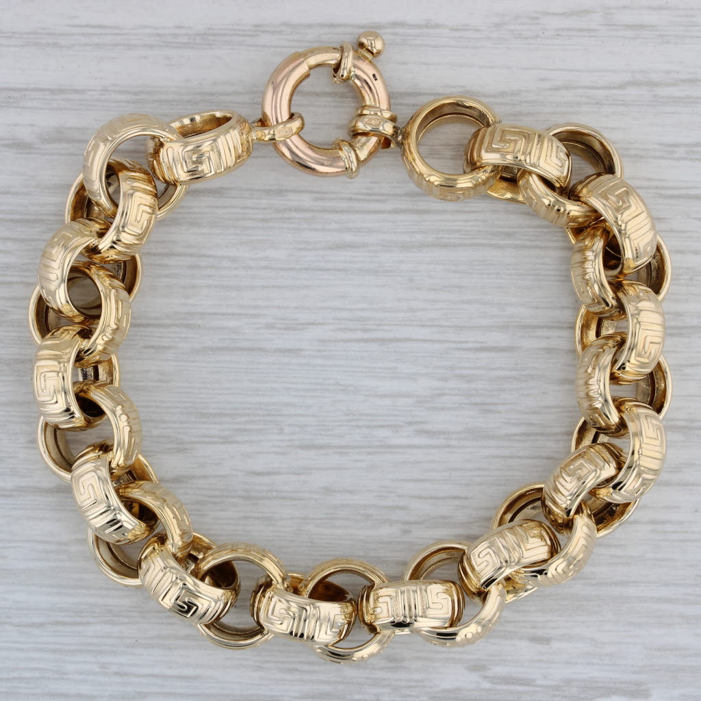Gray Greek Key Pattern Cable Chain Bracelet 14k Yellow Gold 8" 12.3mm
