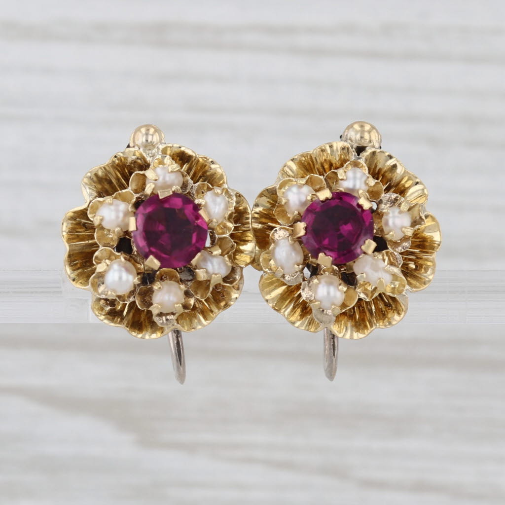 Antique Garnet Pearl Flower Non Pierced Earrings 14k Gold Gold Filled Sterling
