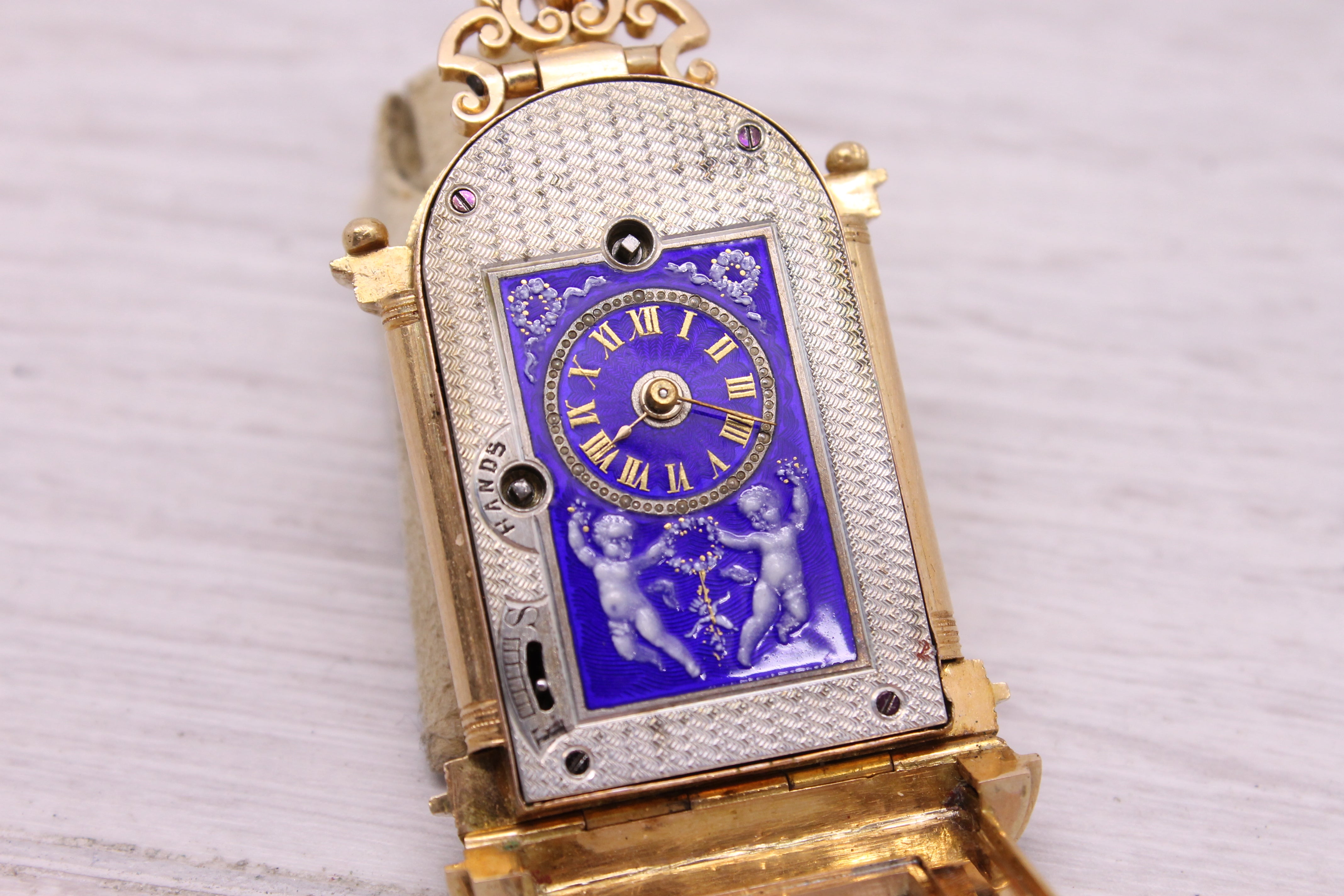 Antique c.1860 18k Gold Miniature Keywind Case Clock Pendant Blue Enamel Dial