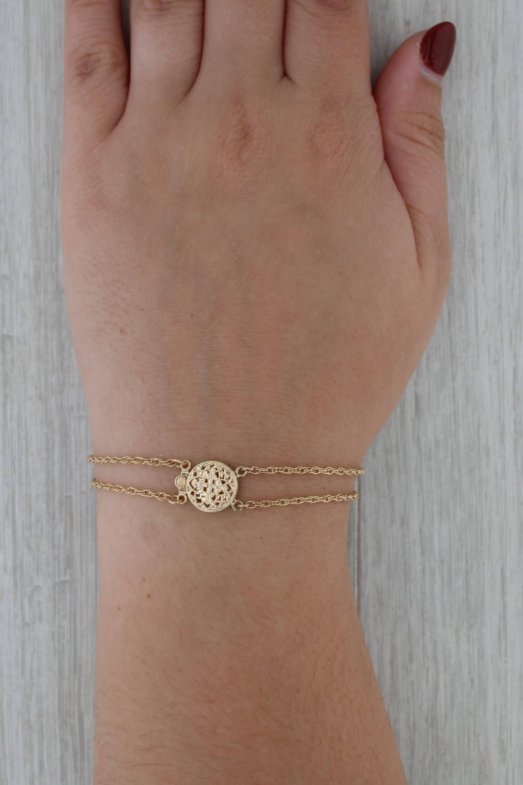Vintage Slide Charm Bracelet 14k Yellow Gold 7" Rope Chain Ornate Filigree Clasp
