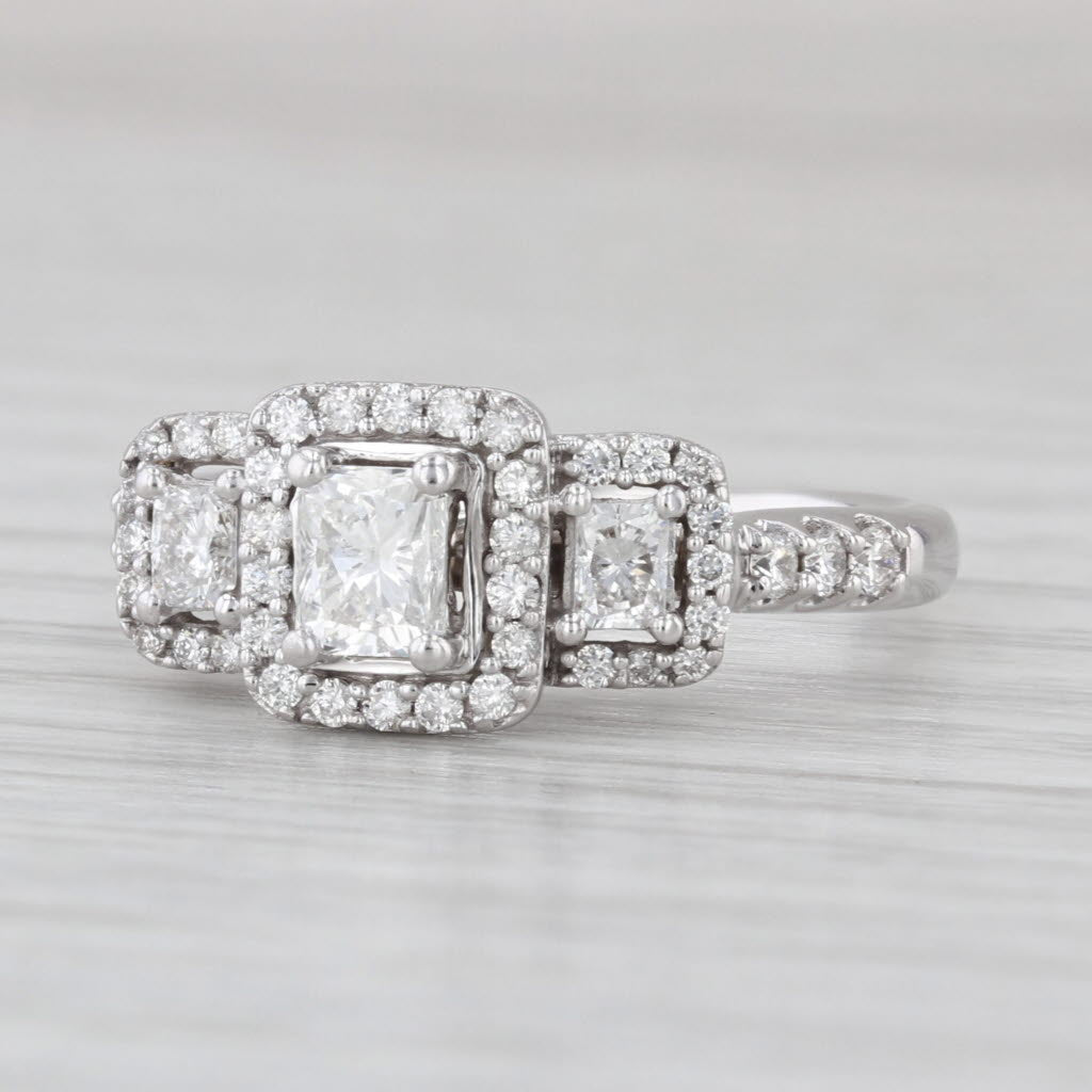 0.76ctw Diamond Emerald Cut Halo 3-Stone Engagement Ring 14k White Gold Size 6.5