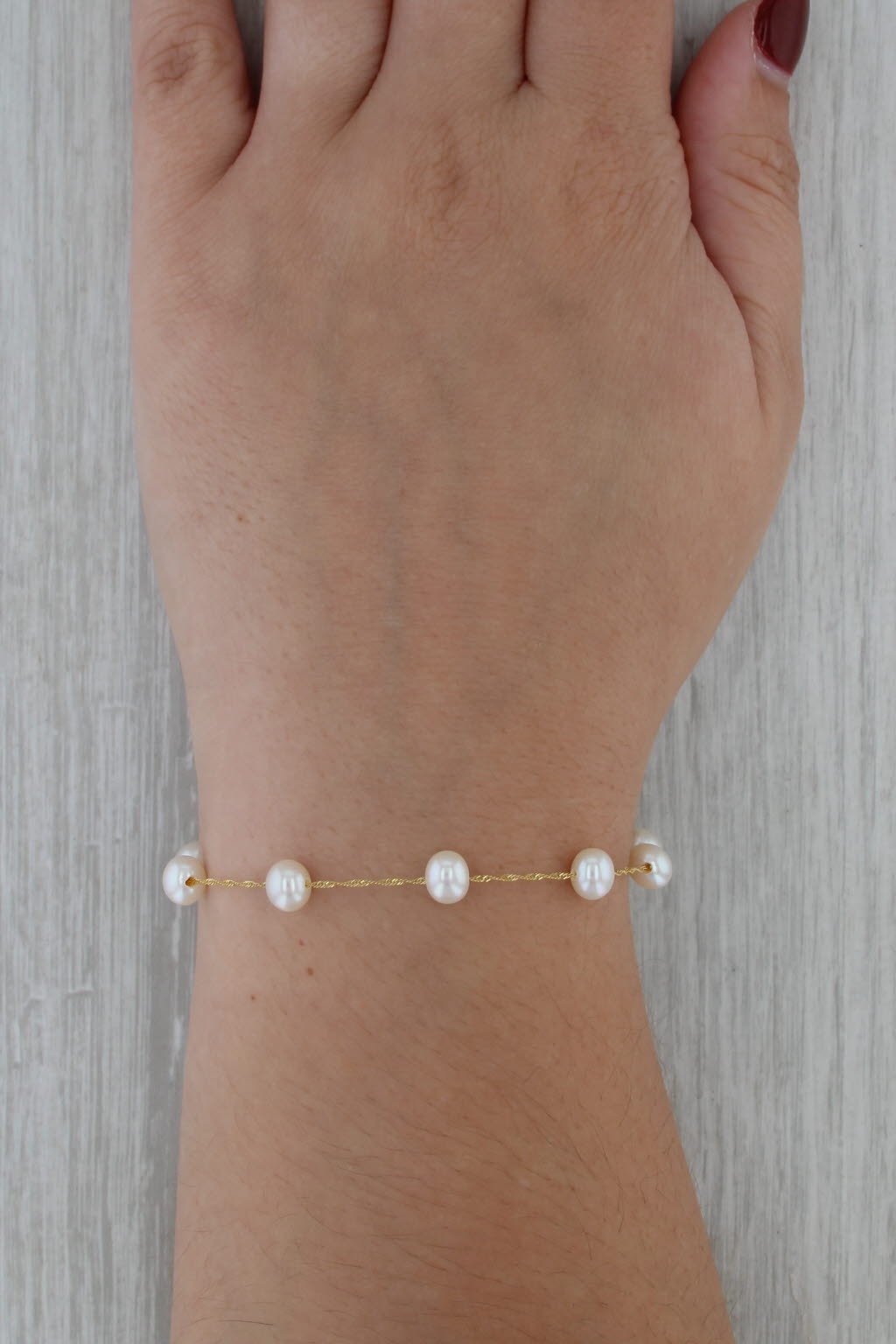 Cultured Pearl Station Bracelet 14k Yellow Gold 6.75" Singapore Chain