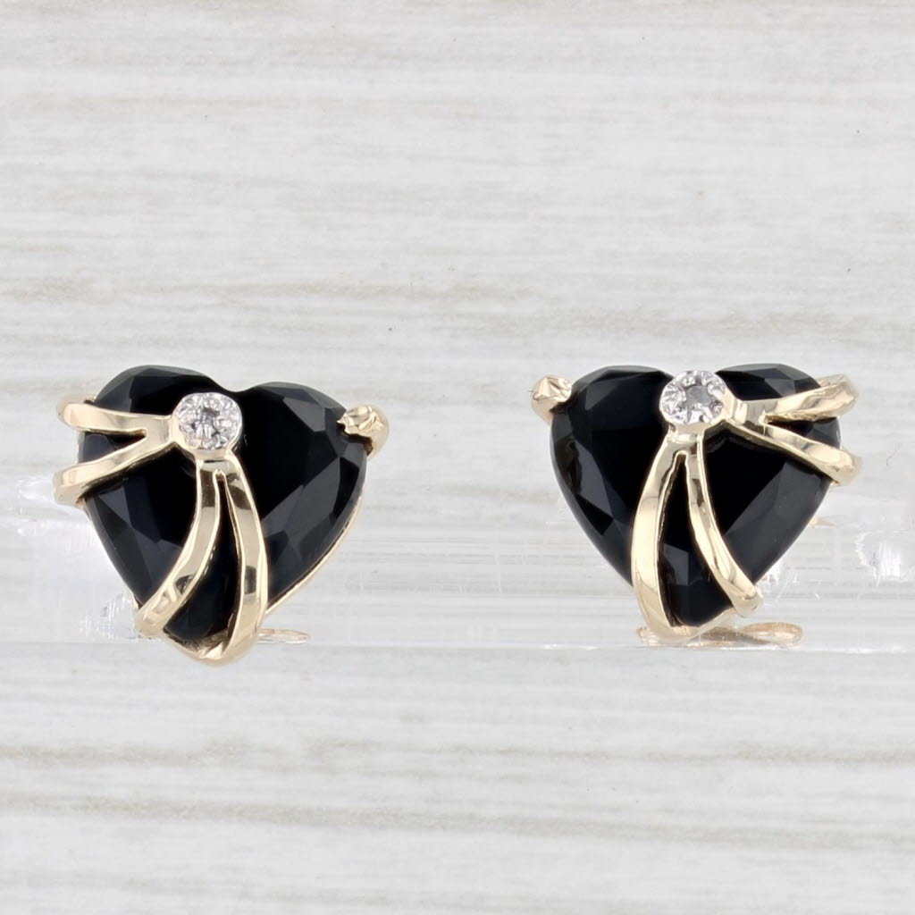Light Gray Onyx Heart Stud Earrings 14k Yellow Gold Diamond Accents