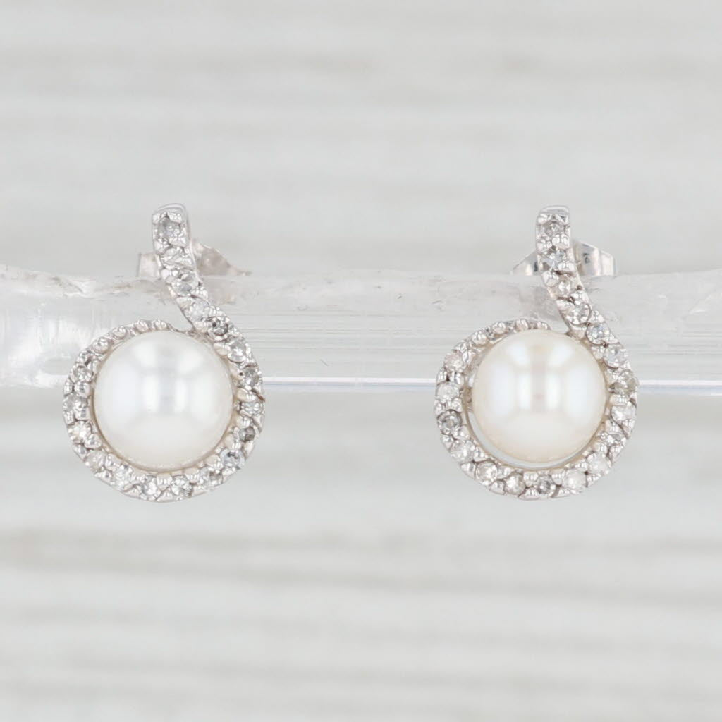 Light Gray Cultured Pearl Diamond Halo Stud Earrings 10k White Gold Pierced Studs