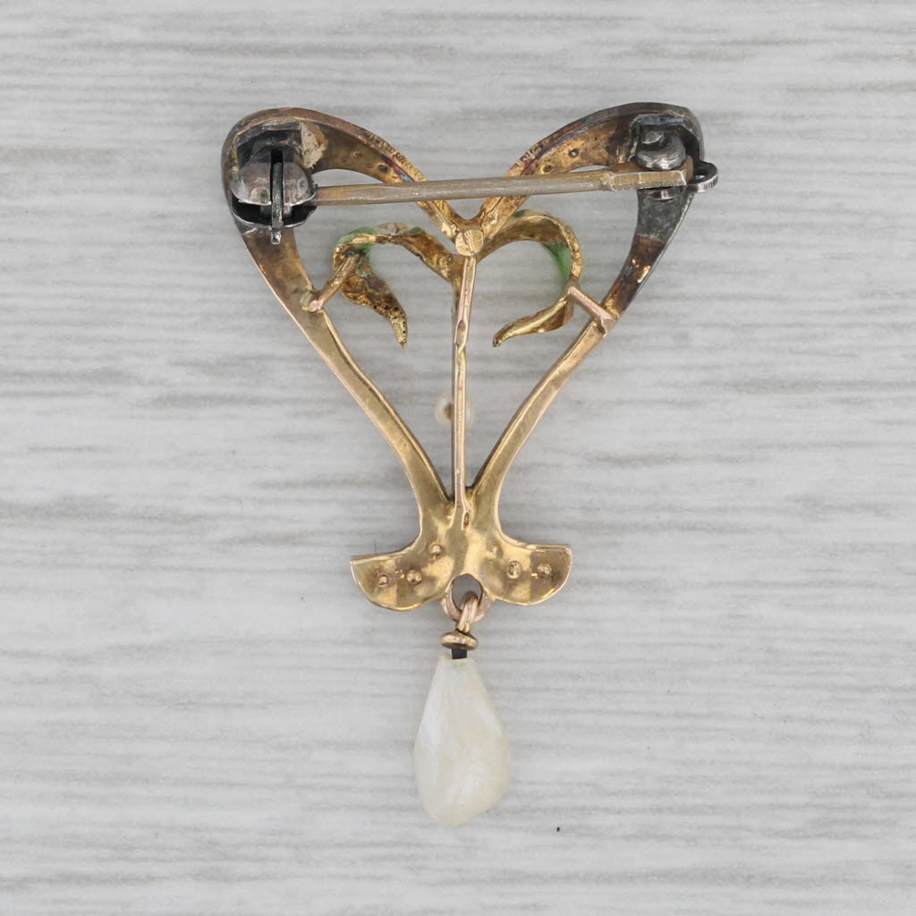 Gray Vintage Pearl Floral Heart Pin 10k Yellow Gold Brooch AS IS