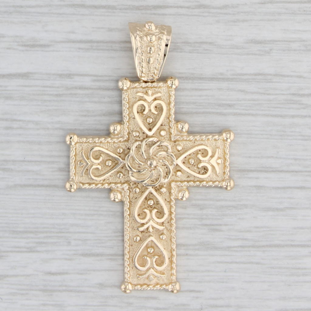 Gray Ornate Heart Cross Pendant 14k Yellow Gold Statement Religious Jewelry