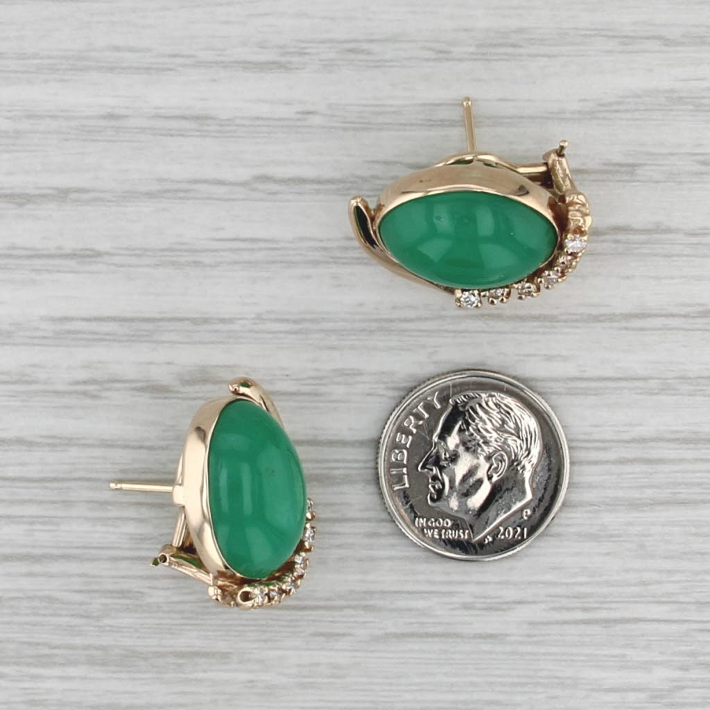 Diamond Green Chrysoprase Oval Cabohcon Earrings 14k Yellow Gold Omega Backs