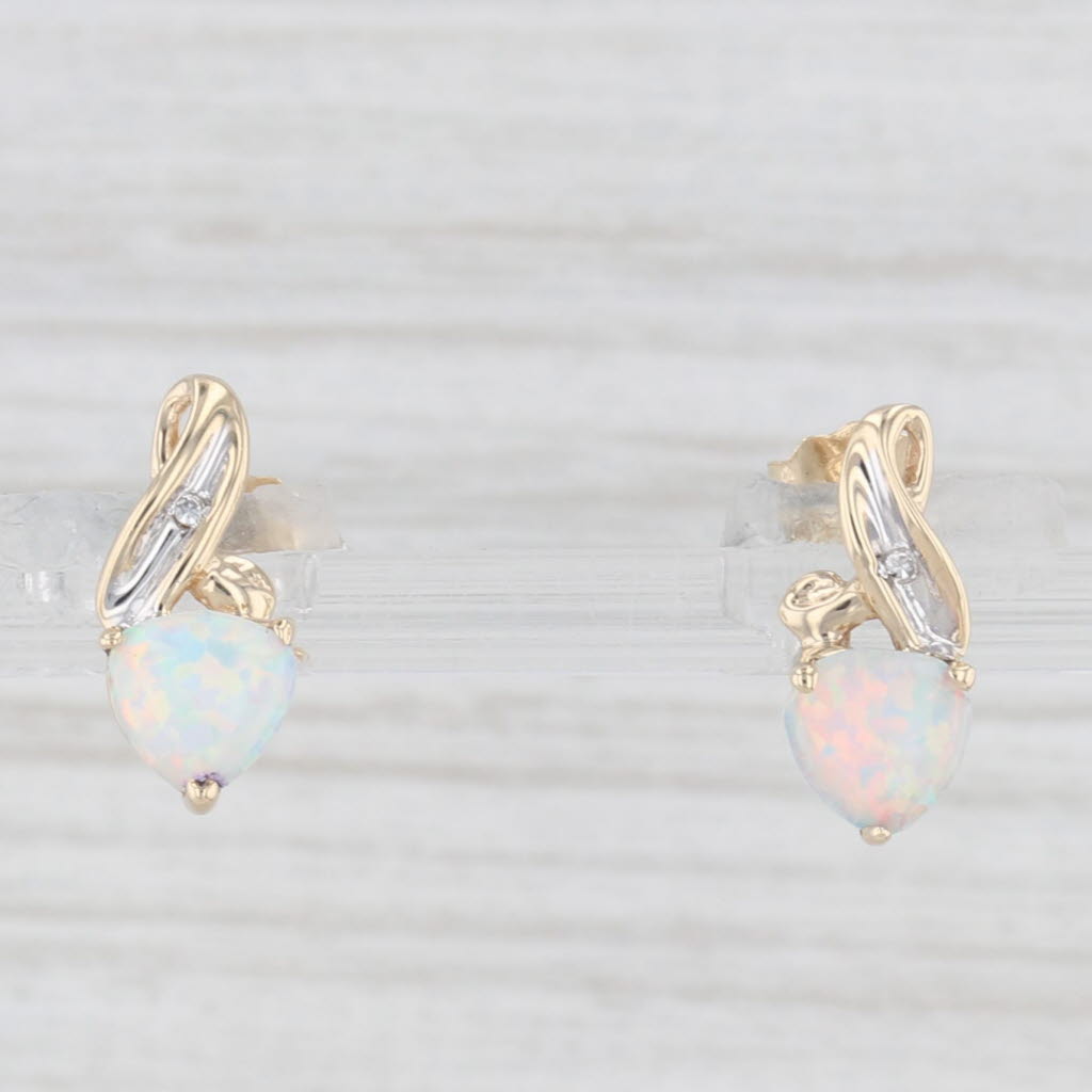 Light Gray Lab Created Opal Diamond Stud Earrings 10k Yellow Gold Small Drops