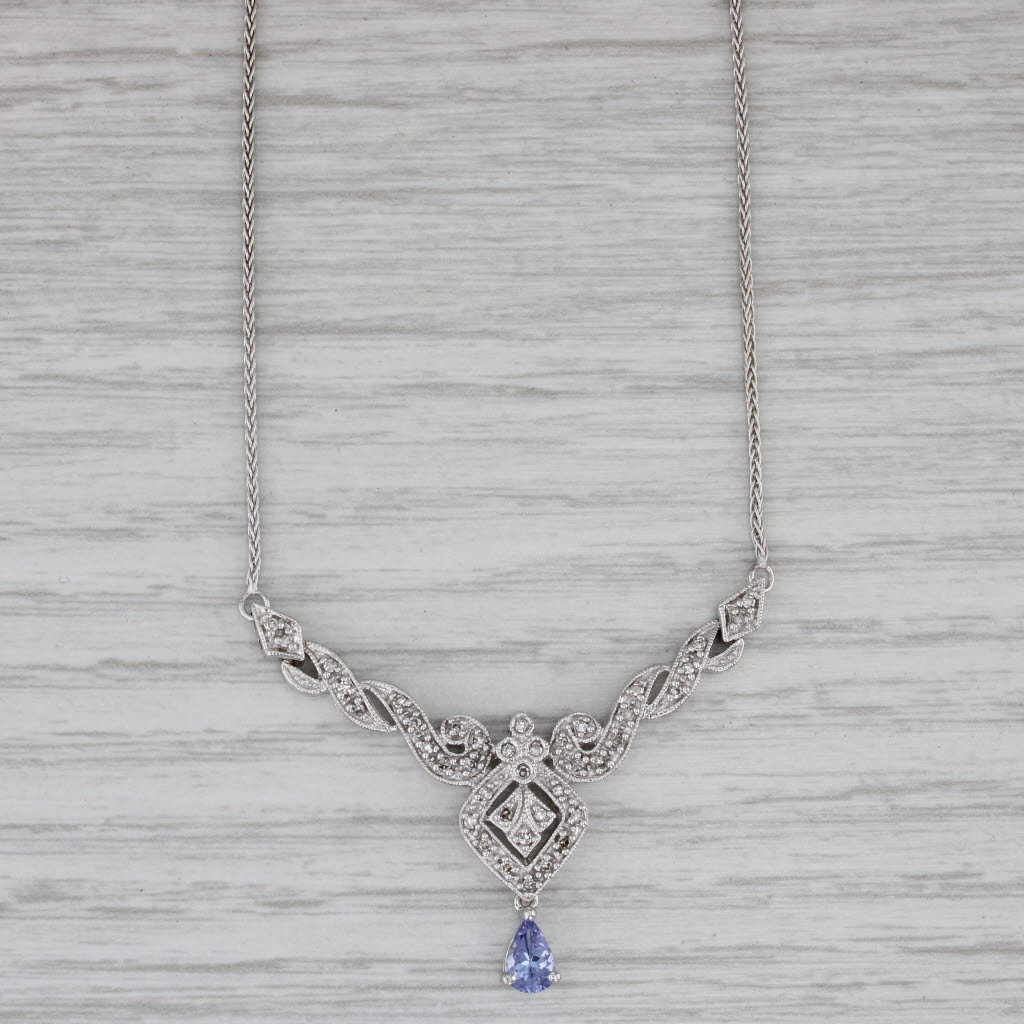 Gray 0.50ctw Tanzanite Diamond V Necklace 10k White Gold Wheat Chain 16.75"